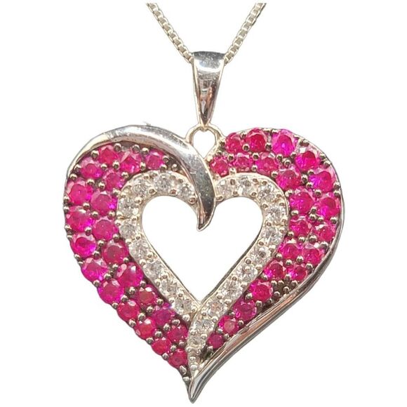 Genuine Ruby CZ Necklace 925 Sterling Silver Italy Heart 18" Box Chain Jewelry - Picture 1 of 12